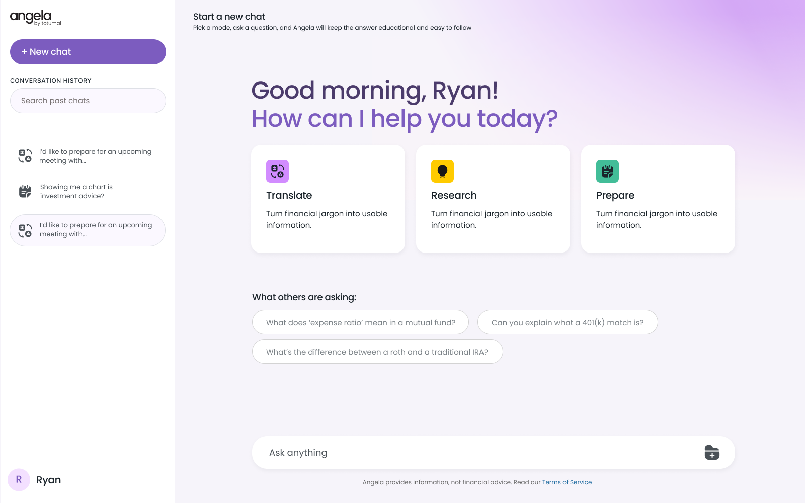 Angela product concept with Translate, Research and Prepare starting points.
